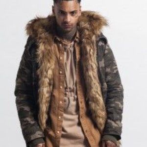 "Sixth June PARIS" Men's Faux-Fur Fishtail Long Puffer Coat in Camo - Size XL